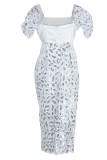 Vestido de noche de cuello cuadrado de patchwork sólido elegante blanco Vestidos