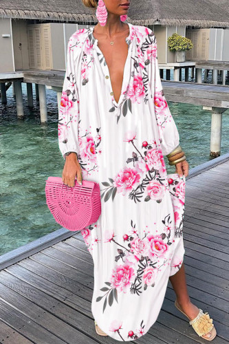 White Fashion Sexy Print Patchwork V Neck Straight Dresses