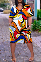 Оранжево-белое модное повседневное платье больших размеров в стиле пэчворк с V-образным вырезом и коротким рукавом