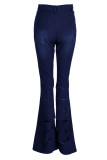 Blauwe casual effen gescheurde patchwork hoge taille denim jeans