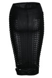 Vestido de falda de color sólido de lápiz de cintura alta de patchwork ahuecado sólido sexy negro