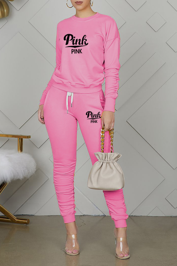 ピンク ファッション プリント フォールド O ネック ロング スリーブ ツーピース