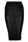 Черное сексуальное сплошное выдолбленное лоскутное платье с высокой талией и карандашом, однотонное платье с юбкой