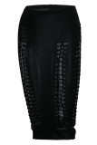 Robe de jupe de couleur unie noire sexy solide évidée patchwork taille haute crayon