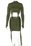Green Sexy Solid Hollowed Out O Neck Long Sleeve Two Pieces