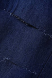 Синие повседневные однотонные рваные джинсовые джинсы в стиле пэчворк с высокой талией
