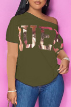 Army Green Casual Bronzing Patchwork Oblique Collar T-Shirts