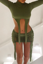 Green Sexy Solid Hollowed Out O Neck Long Sleeve Two Pieces