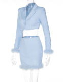 Blue Fashion Solid Tassel Turndown Collar Long Sleeve Two Pieces