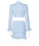 Blue Fashion Solid Tassel Turndown Collar Long Sleeve Two Pieces
