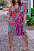 Многоцветное модное повседневное платье больших размеров в стиле пэчворк с V-образным вырезом и коротким рукавом