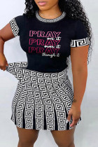 Black Pink Fashion Casual Letter Print Patchwork O Neck Plus Size Two Pieces