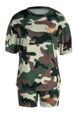 Army Green Casual Print Camouflage Print Patchwork O Neck Short Sleeve Two Pieces
