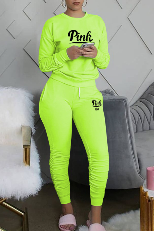 Vert Fluorescent Fashion Print Fold O Neck Long Sleeve Two Pieces