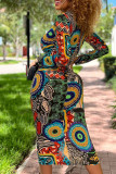Multicolor Sexy Print Patchwork Buckle Turndown Collar Pencil Skirt Dresses