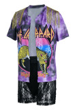 Purple Sexy Print Tassel Bandage Patchwork See-through Short Sleeve Two Pieces