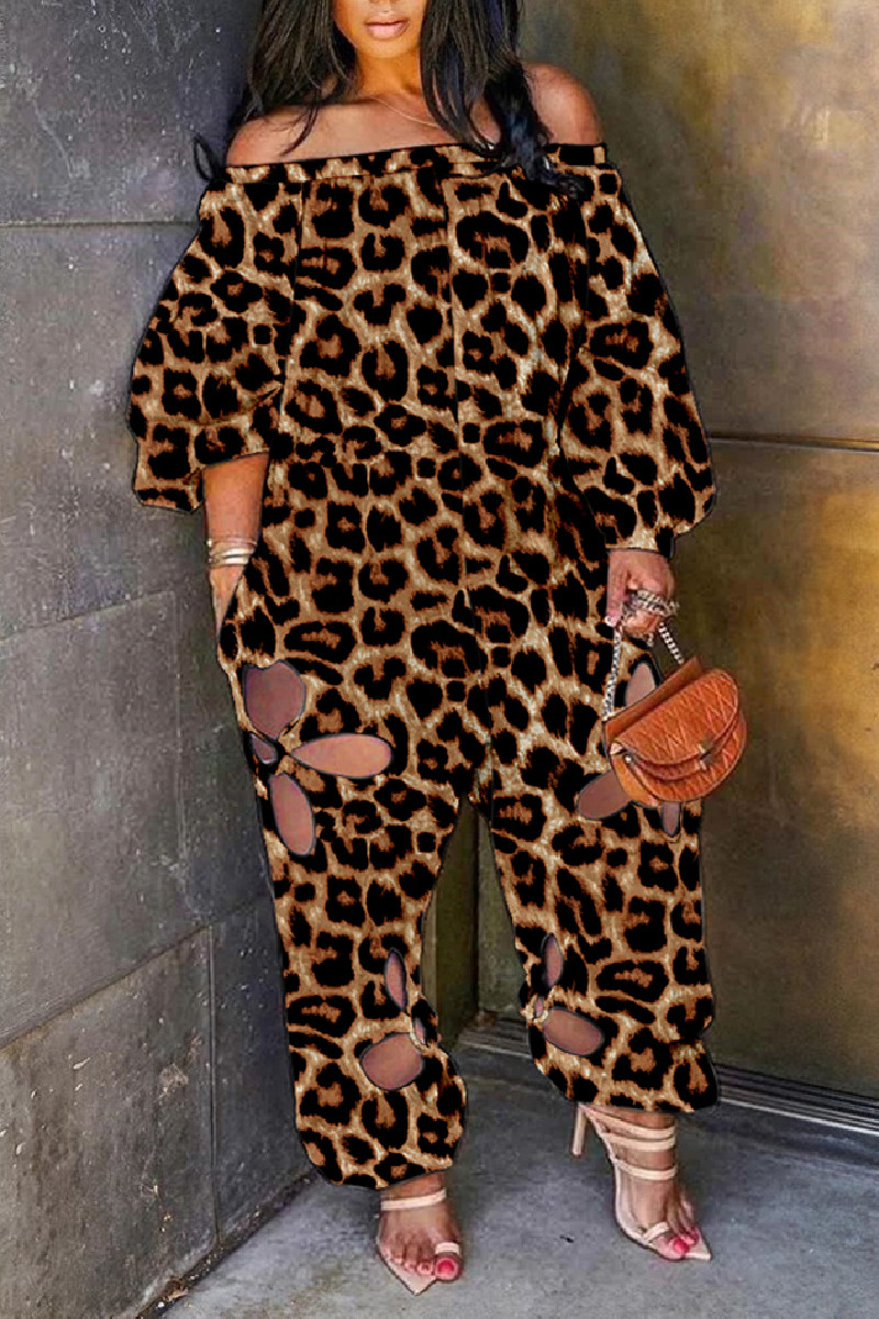 

Leopard Print Plus Size Sexy Street Print Hollowed Out Cut Out Off the Shoulder Plus Size Jumpsuits