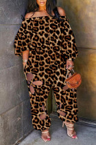 Estampado de leopardo Tallas grandes Estampado de calle sexy Ahuecado Corte fuera del hombro Monos de talla grande