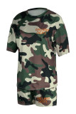 Khaki Casual Print Camouflage Print Patchwork O Neck Short Sleeve Two Pieces