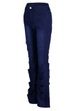 Jeans jeans azul casual com retalhos sólidos rasgados e cintura alta