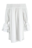 White Casual Sweet Solid Patchwork Flounce Fold Off the Shoulder Princess Dresses