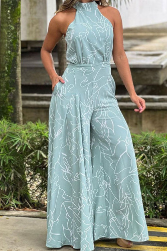 Blue Casual Print Patchwork Half A Turtleneck Straight Jumpsuits