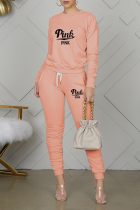 Nude Pink Fashion Print Fold O Neck Long Sleeve Two Pieces