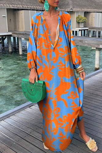 Orange Fashion Sexy Print Patchwork V Neck Straight Dresses