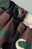 Армейский зеленый Повседневный принт Камуфляжный принт Пэчворк О-образный вырез С короткими рукавами Из двух частей