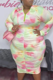 ピンク グリーン カジュアル プリント パッチワーク ジッパー カラー ワン ステップ スカート プラス サイズ ドレス