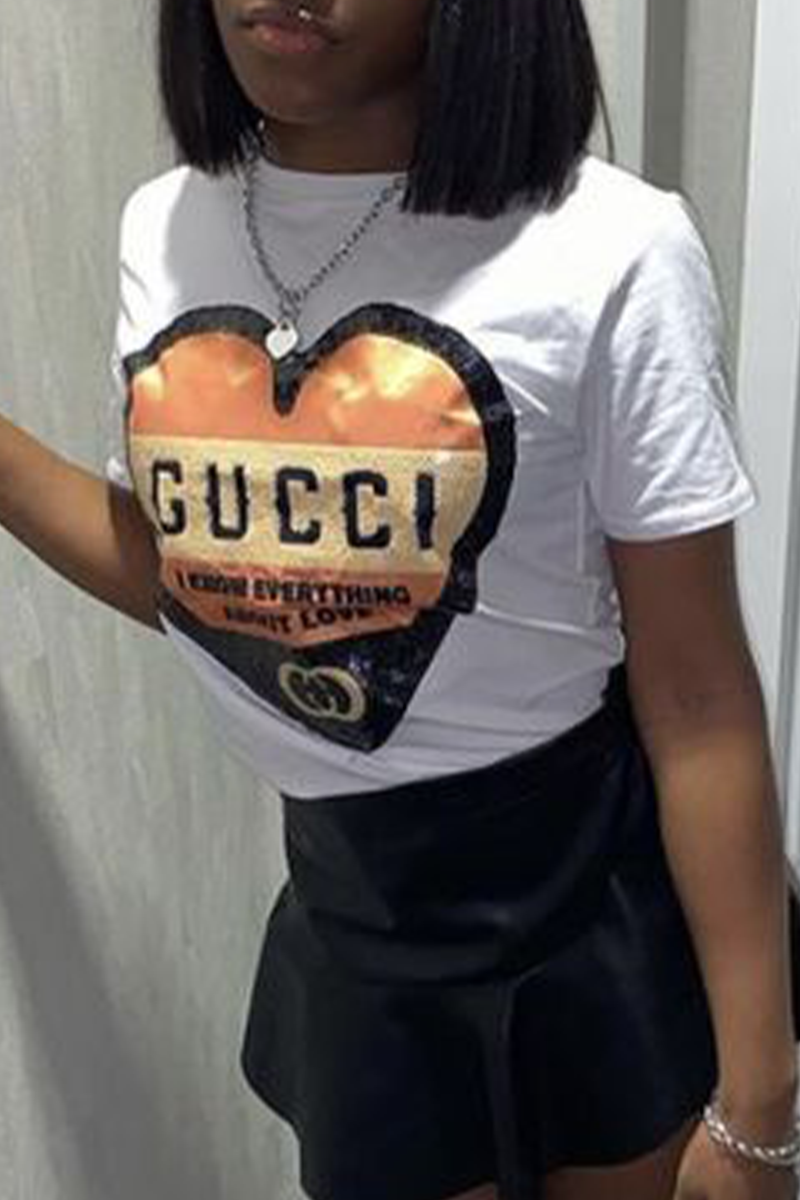 

White Fashion Street Print Patchwork Letter O Neck T-Shirts