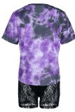 Purple Sexy Print Tassel Bandage Patchwork See-through Short Sleeve Two Pieces