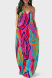ローズレッドファッションセクシーなプリント背中の開いたスパゲッティストラップロングドレス