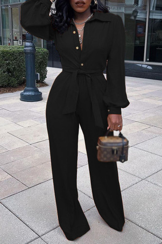 Black Casual Solid Patchwork Buckle Turndown Collar Long Sleeve Two Pieces