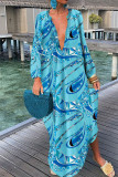 ディープ ブルー ファッション セクシー プリント パッチワーク V ネック ストレート ドレス