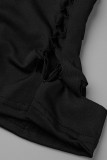 Vestido de falda de color sólido de lápiz de cintura alta de patchwork ahuecado sólido sexy negro