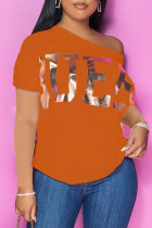 T-shirt de gola oblíqua tangerina casual bronzeada patchwork