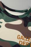 Armeegrün Casual Print Camouflage Print Patchwork O Hals Kurzarm Zweiteiler