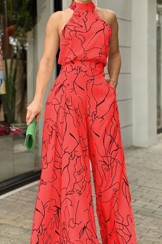 Red Casual Print Patchwork Half A Turtleneck Straight Jumpsuits