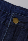 Blaue, lässige, solide, zerrissene Patchwork-Jeans mit hoher Taille