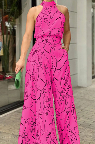 Pink Casual Print Patchwork Half A Turtleneck Straight Jumpsuits
