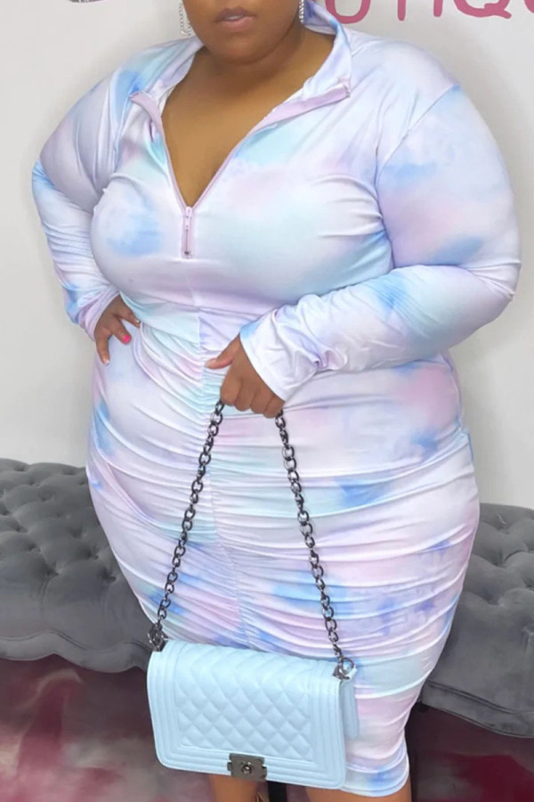 Blanco azul casual estampado patchwork cuello con cremallera falda de un paso vestidos de talla grande