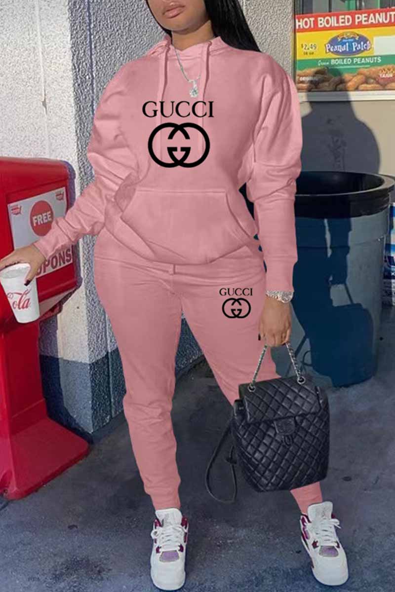 

Pink Fashion Casual Print Letter Hooded Collar Long Sleeve Two Pieces