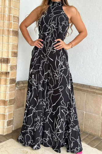 Black Casual Print Patchwork Half A Turtleneck Straight Jumpsuits
