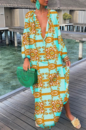 Green Yellow Fashion Sexy Print Patchwork V Neck Straight Dresses