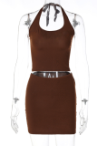 Coffee Sexy Solid Patchwork Halter Sleeveless Two Pieces
