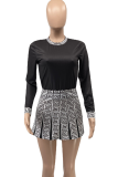 Black Fashion Print Patchwork O Neck Long Sleeve Two Pieces