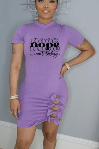 Purple Fashion Print Hollowed Out Half A Turtleneck Pencil Skirt Dresses