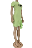 Green Fashion Print Hollowed Out Half A Turtleneck Pencil Skirt Dresses