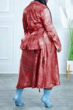 Красная сексуальная повязка с принтом в стиле пэчворк с разрезом и отложным воротником с длинным рукавом из двух частей